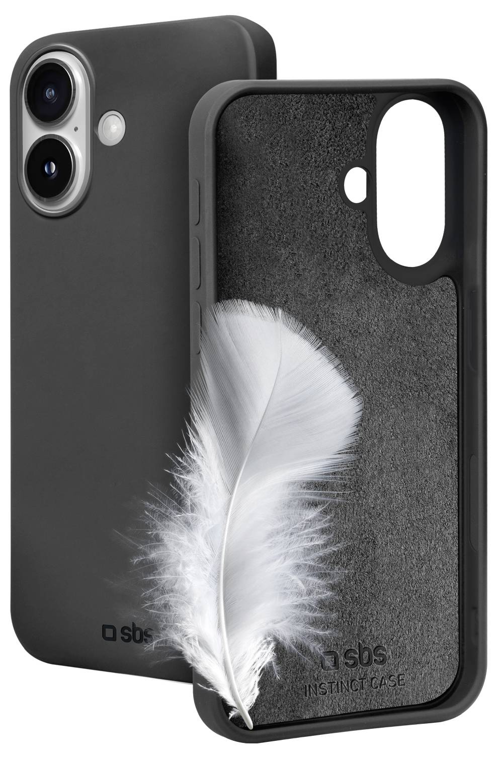 A black phone case partially removed from a smartphone reveals a soft gray interior with a white feather illustration, suggesting lightness.