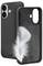 A black phone case partially removed from a smartphone reveals a soft gray interior with a white feather illustration, suggesting lightness.