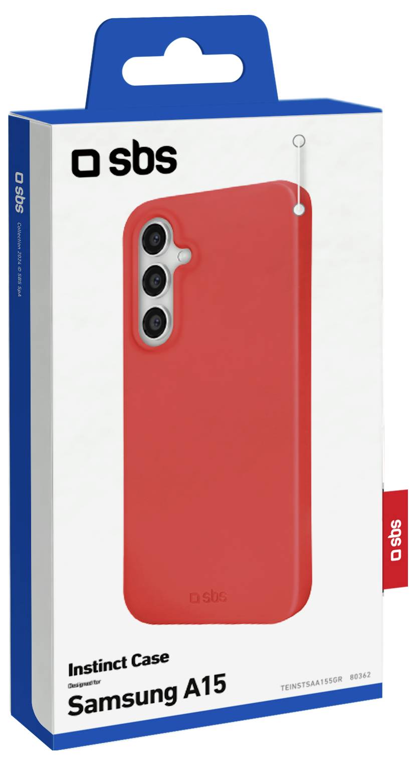 'Red SBS Instinct Case for Samsung A15' packaging with image of case showing triple camera cutout and branding.