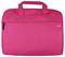 A bright pink laptop bag with two short handles and a front zipper pocket.