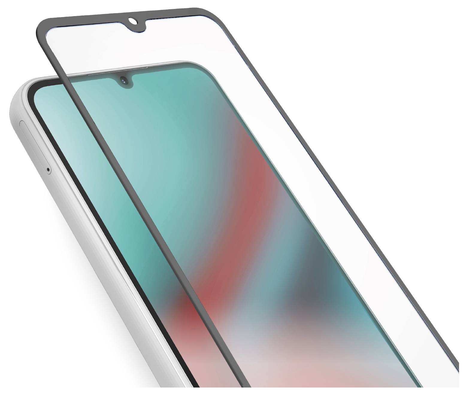A smartphone with a screen protector aligned above it, indicating installation. The phone has a gradient screen display.
