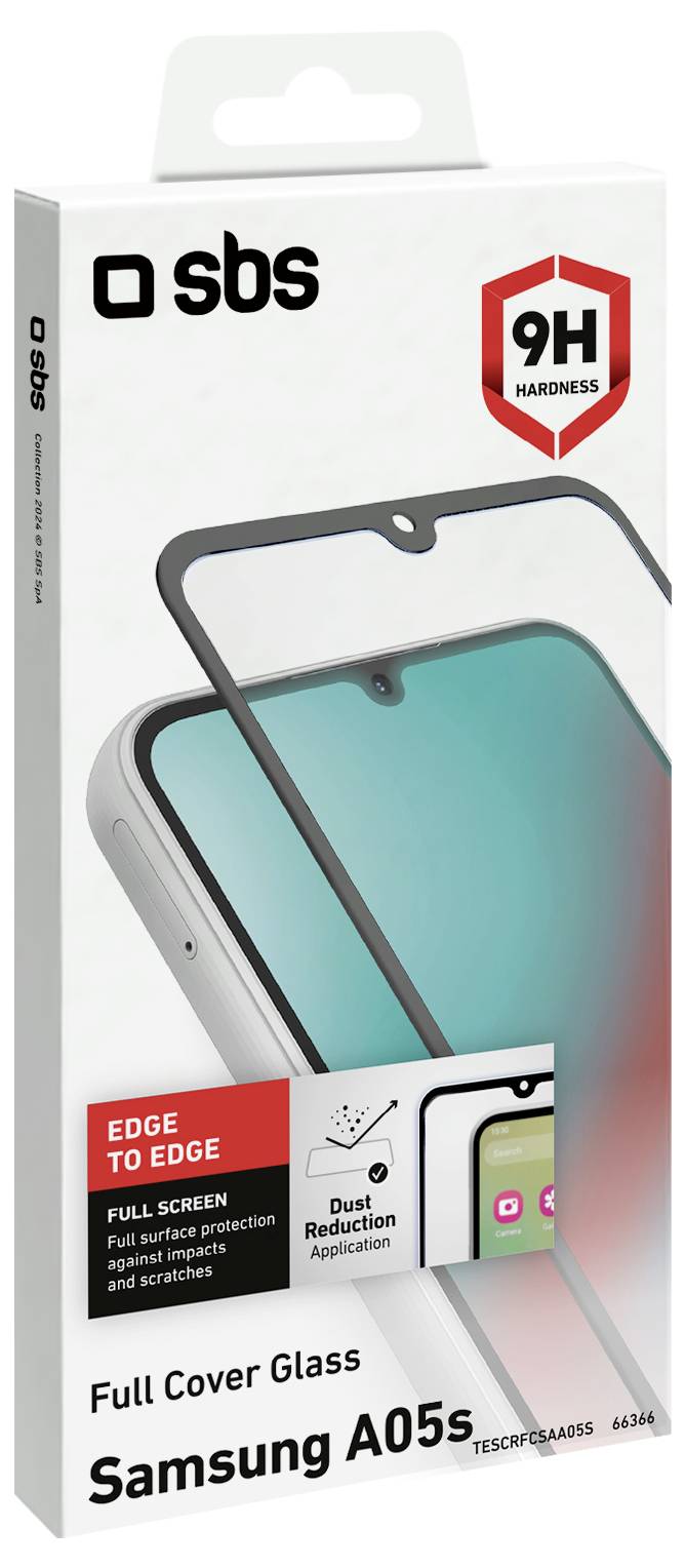 'Full Cover Glass for Samsung A05s' packaging showing edge-to-edge screen protection with 9H hardness, featuring dust reduction application.