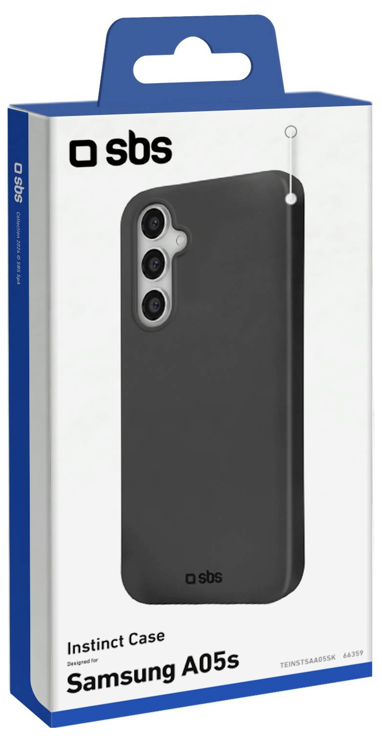 Packaging of an 'Instinct Case' by SBS for Samsung A05s, showing the case design and brand logo.