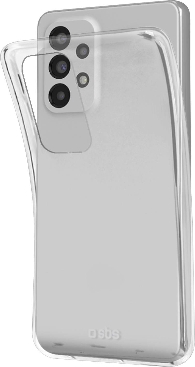 A clear phone case is being placed onto a smartphone, showcasing the phone's camera and back design.