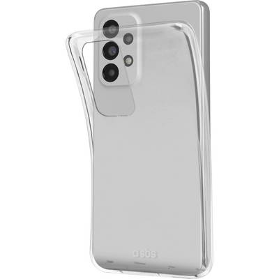 A clear phone case is being placed onto a smartphone, showcasing the phone's camera and back design.