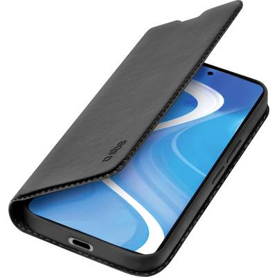 Phone in a black folio case, partially open, displaying a blue abstract screen. The case covers the edges, showing a charging port.