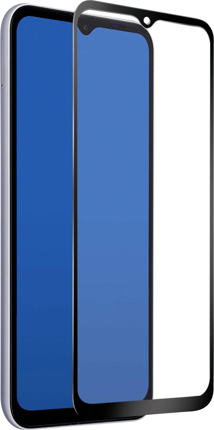 A smartphone with a blue screen is shown alongside a black-edged screen protector, illustrating how it fits over the phone's display.