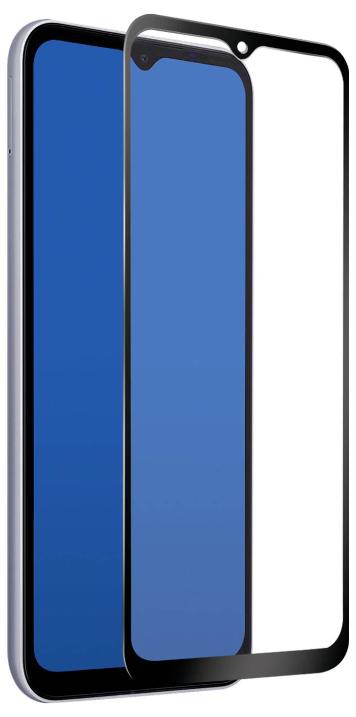 A smartphone with a focus on its screen, highlighting a black edge-to-edge screen protector placed in front of the device.