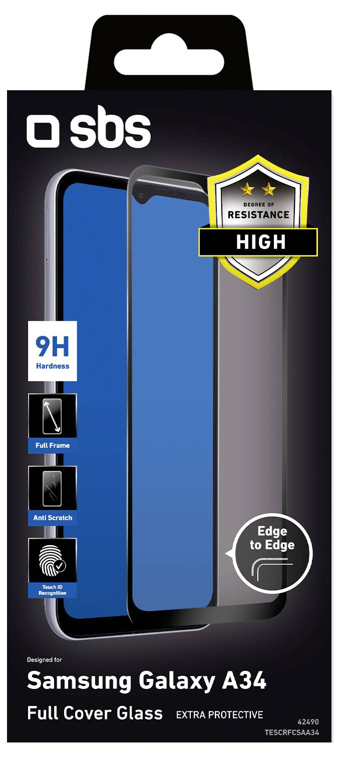 'Phone screen protector packaging for Samsung Galaxy A34, highlighting high resistance, full cover glass, anti-scratch, edge-to-edge.'