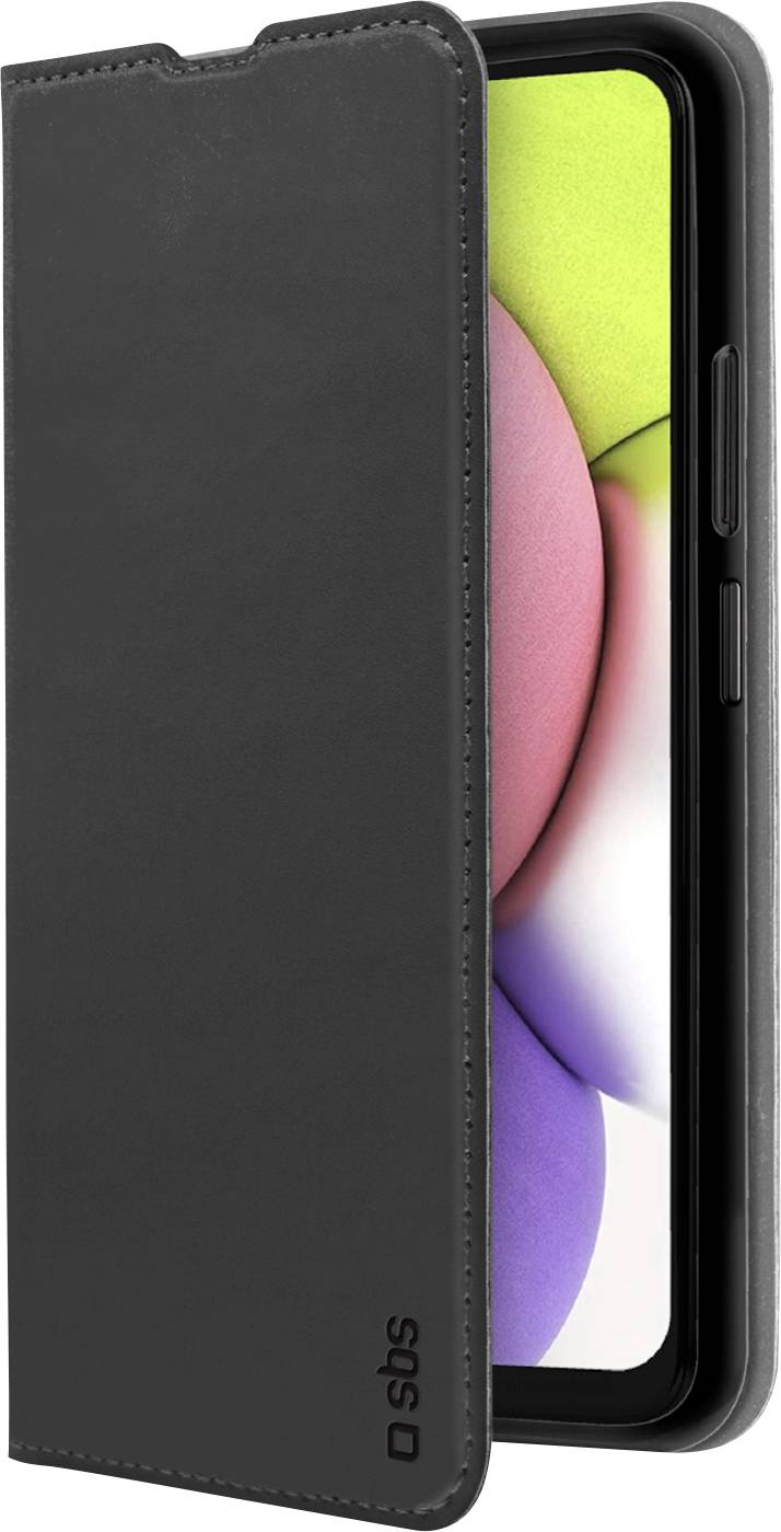 A smartphone in a black leather flip case, partially open, displaying a colorful screen with pink and green hues.