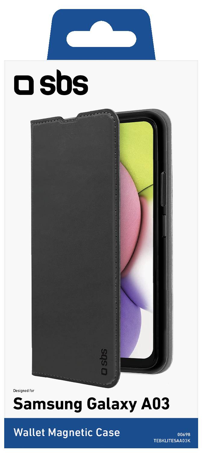 'Black magnetic wallet case for Samsung Galaxy A03' packaging with a front view of the case, partially open to show phone placement.