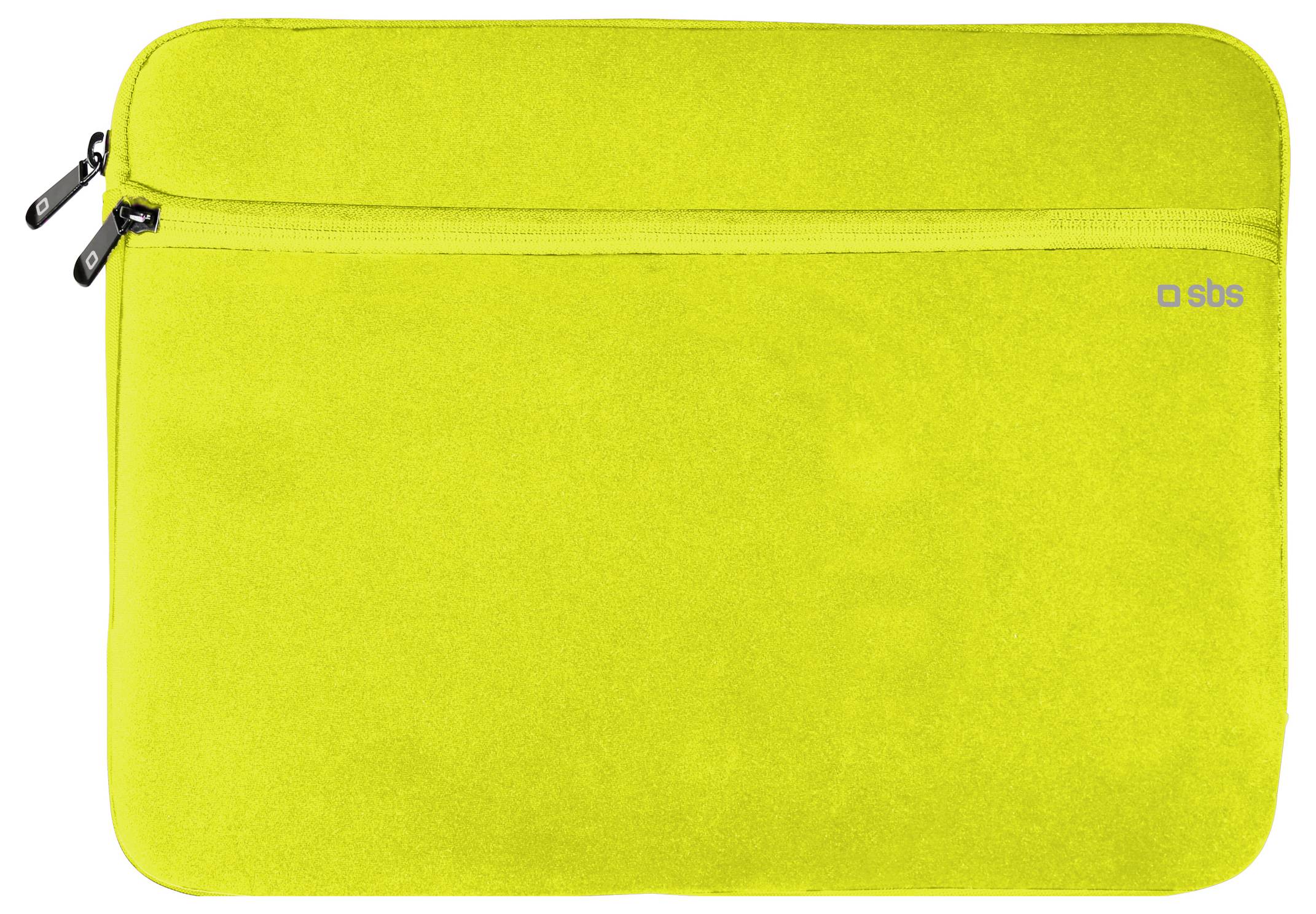 A bright yellow laptop sleeve with a front zipper pocket and the brand logo 'sbs' in the top right corner.