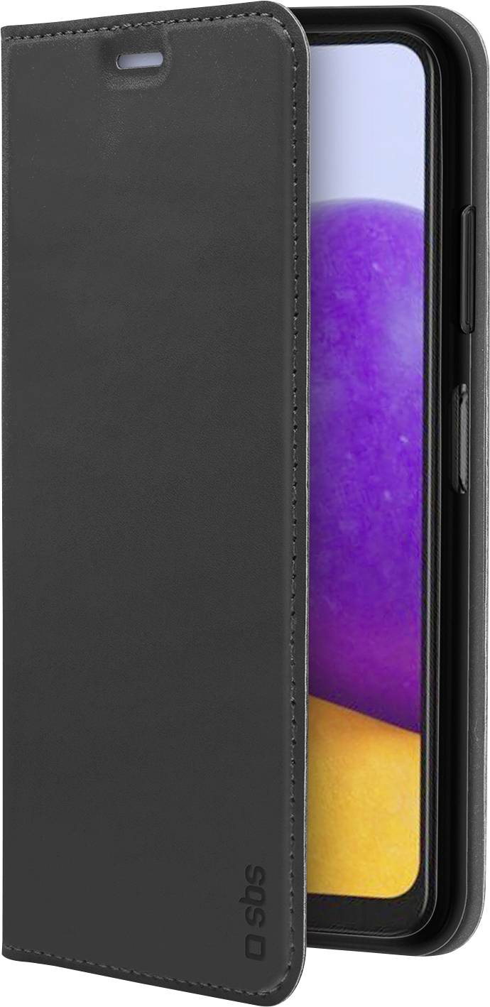 A smartphone encased in a black flip cover with the screen visible, displaying a colorful gradient image. Cover protects screen and edges.