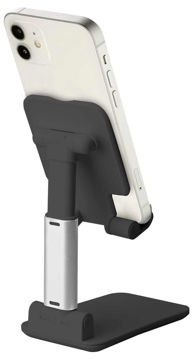 'A white smartphone on a black and silver adjustable stand, tilted slightly backward, likely on a flat surface.'