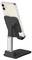 'A white smartphone on a black and silver adjustable stand, tilted slightly backward, likely on a flat surface.'