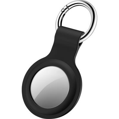 A small, circular electronic tracker with a silver center encased in a black rubber holder, attached to a metal keyring.