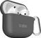 Black wireless earbuds case with silver carabiner hook attached, displaying partially open lid revealing white earbuds inside.