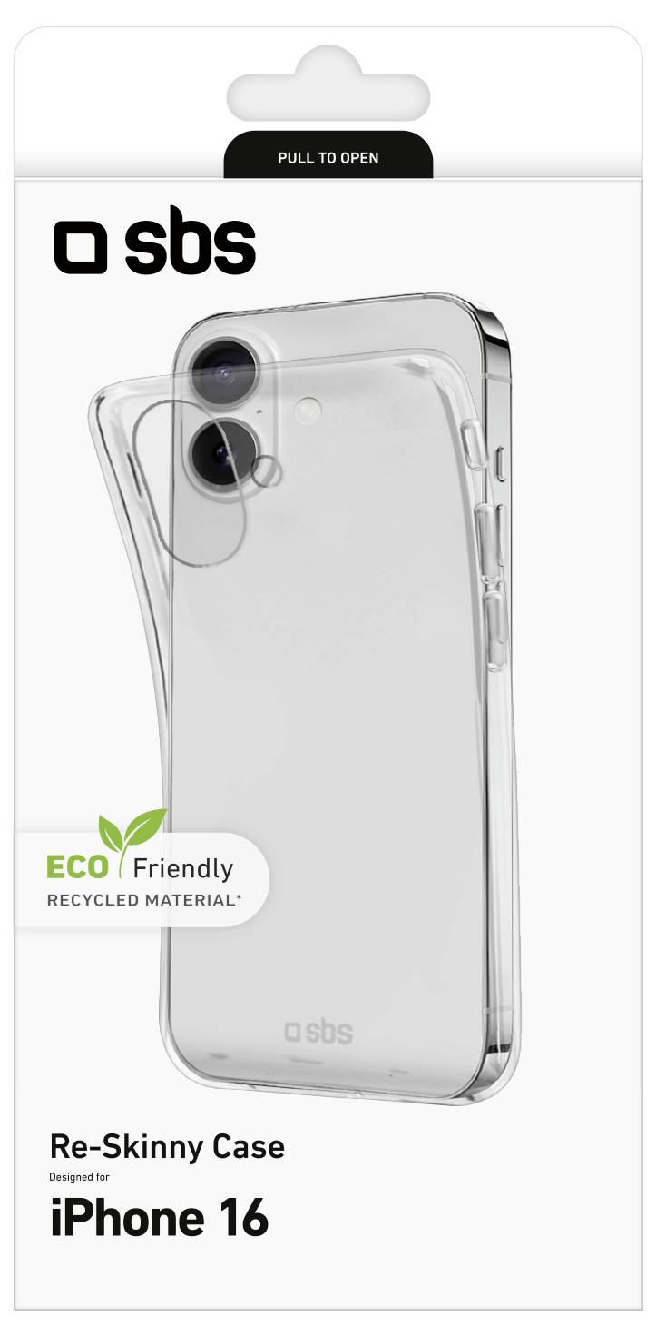 Clear phone case with dual-camera cutout for iPhone 16, labeled 'Eco Friendly Recycled Material'. Branding reads 'sbs Re-Skinny Case'.