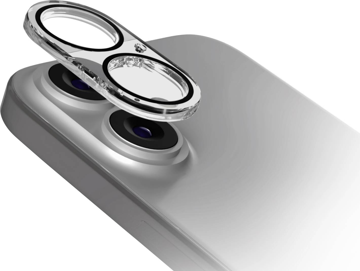 Smartphone with a dual-lens camera; one lens cover is removed, showing lens placement and design.