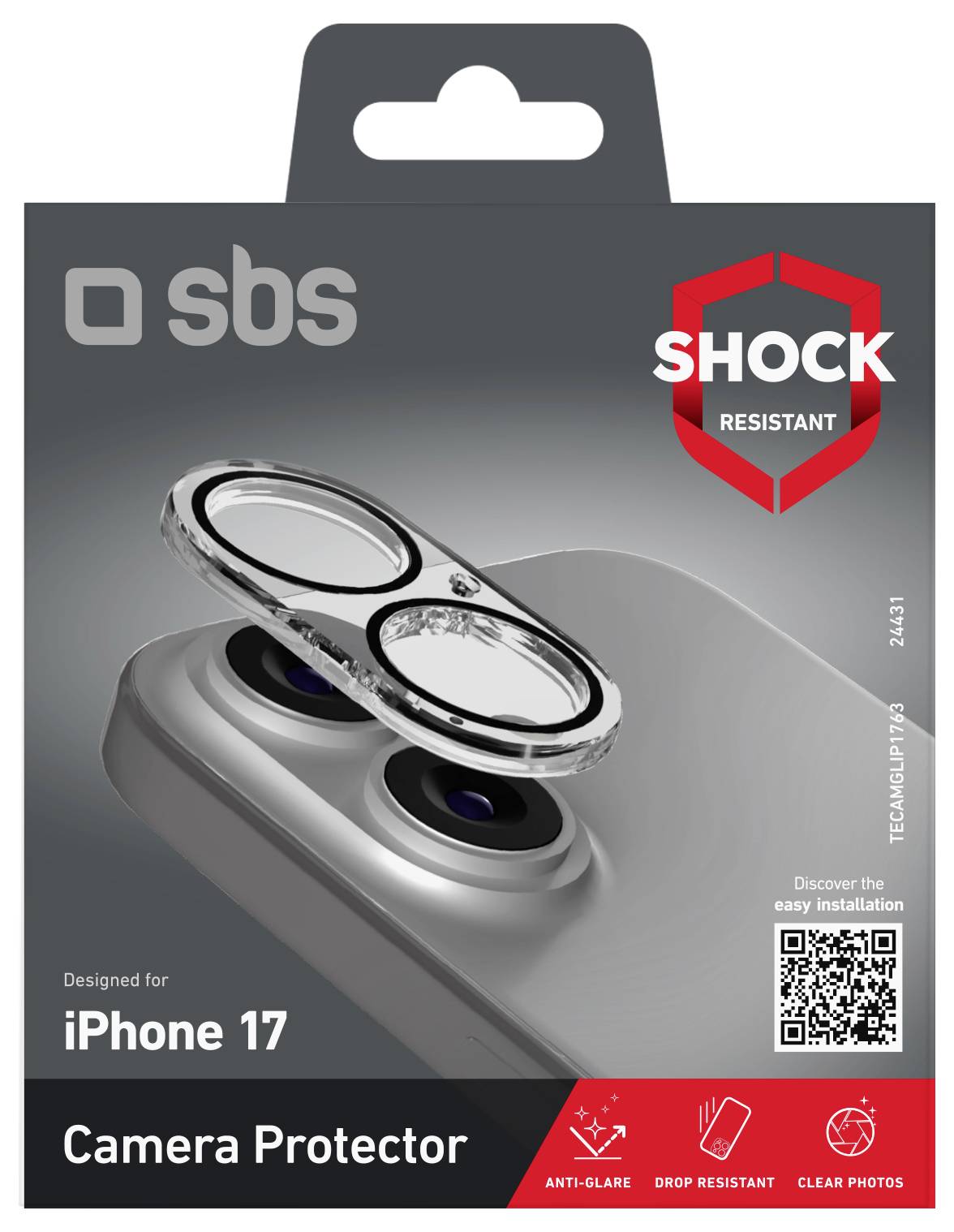 'Camera Protector for iPhone 17' packaging showing a dual-lens cover, highlighting features: shock-resistant, anti-glare, drop-resistant.