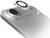 A smartphone camera lens, highlighted with a floating circular glass element above, on a silver device background.