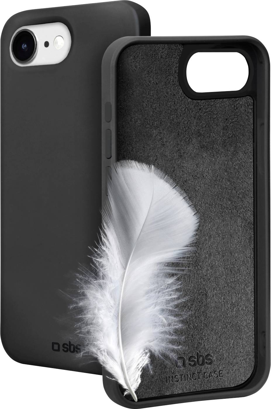 'Instinct Case' for smartphones by SBS, in black, with a soft interior and a feather symbolizing its lightweight design.