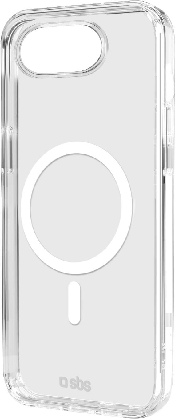 A clear phone case designed for MagSafe compatibility showing a circular magnetic ring, suitable for wireless charging and easy attachment.