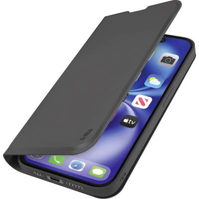 A smartphone with a black flip cover, partially open, reveals the home screen displaying several app icons like Messages, Phone, and App Store.