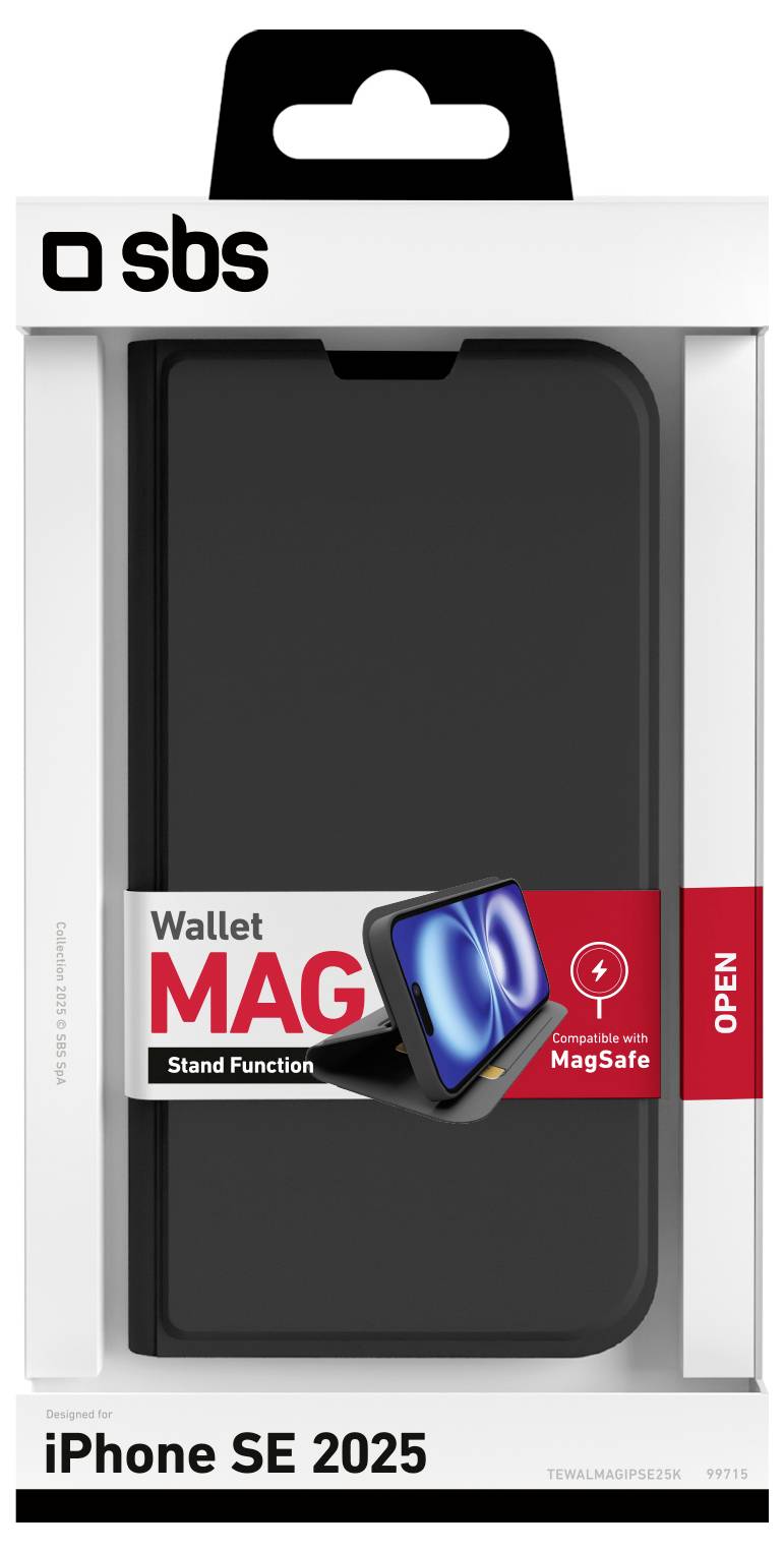 'Wallet Mag' case for iPhone SE 2025 displayed in packaging. Features include stand function and MagSafe compatibility.