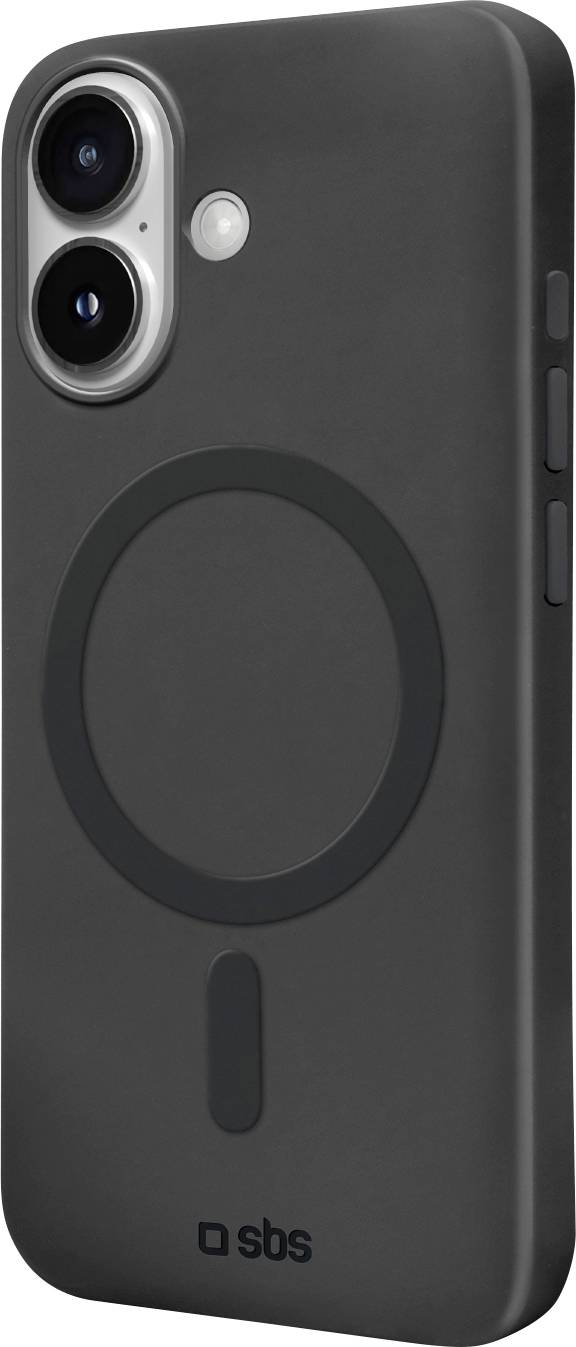 A sleek black smartphone with dual rear cameras and a circular magnetic attachment area on the back, designed by SBS.