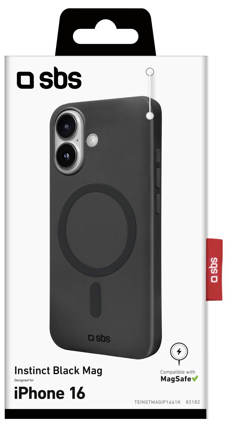 'iPhone 16 case packaging featuring a black case with a MagSafe symbol. Text reads 'Instinct Black Mag' and 'Compatible with MagSafe'.'