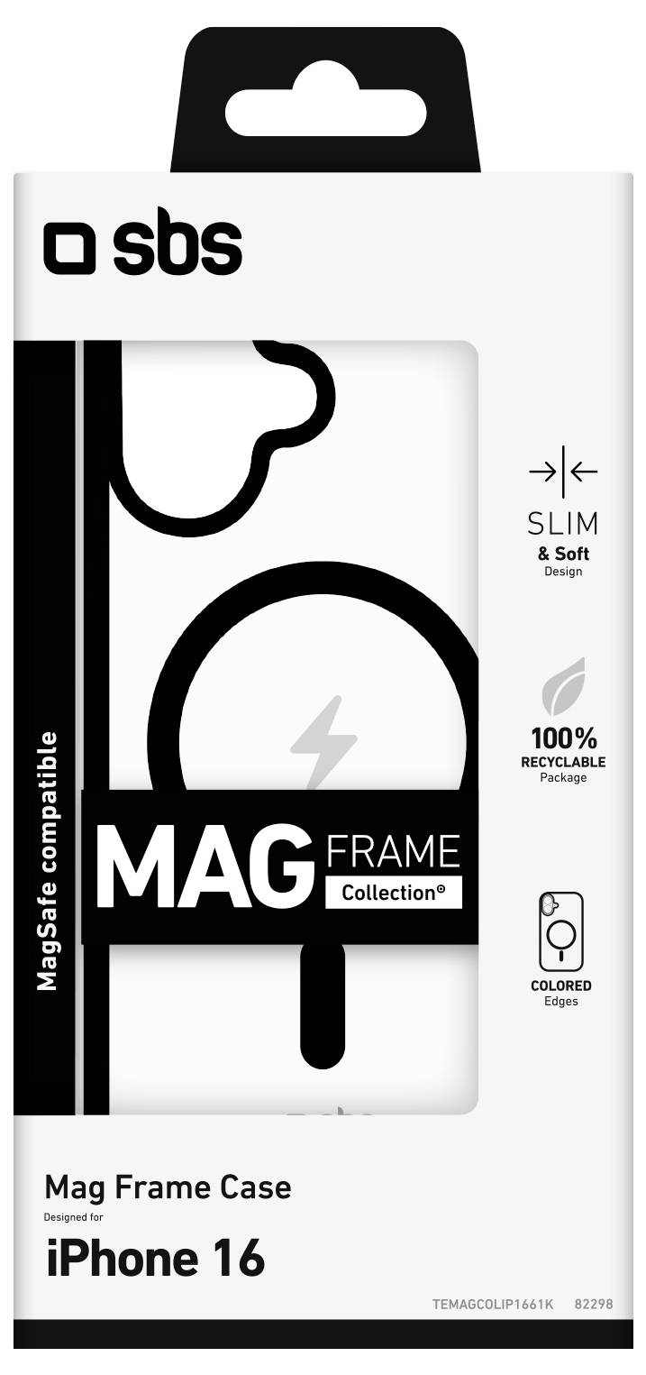 'Slim and soft design, 100% recyclable' iPhone 16 Mag Frame case packaging with a black and white minimalistic design.