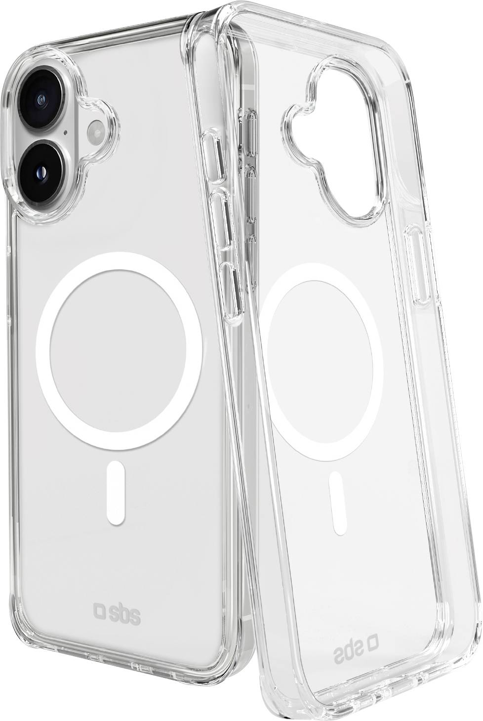 'Two clear smartphone cases with MagSafe compatibility, showcasing circular magnetic areas. One case is upright; the other leans against it.'