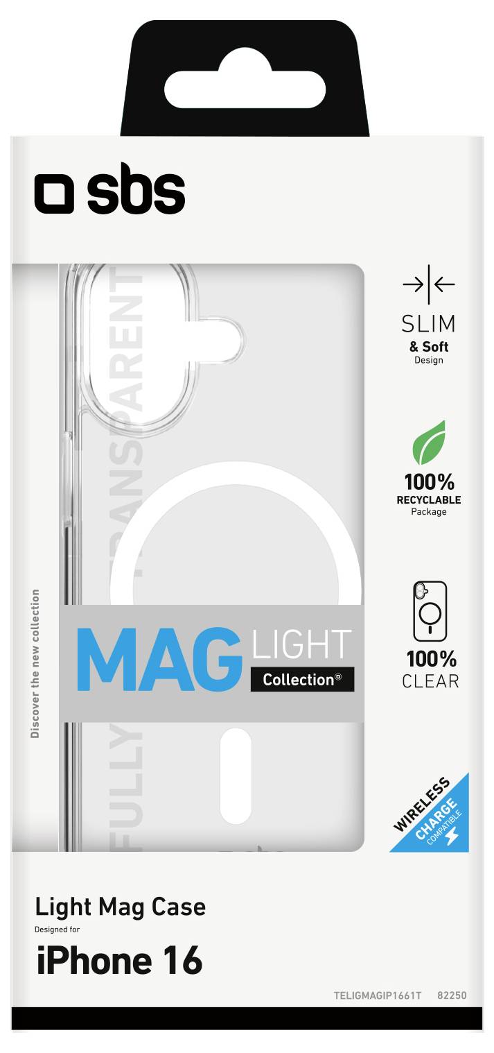 'Light Mag Case for iPhone 16' packaging; highlights include '100% recyclable', '100% clear', 'slim & soft', 'wireless charge'.