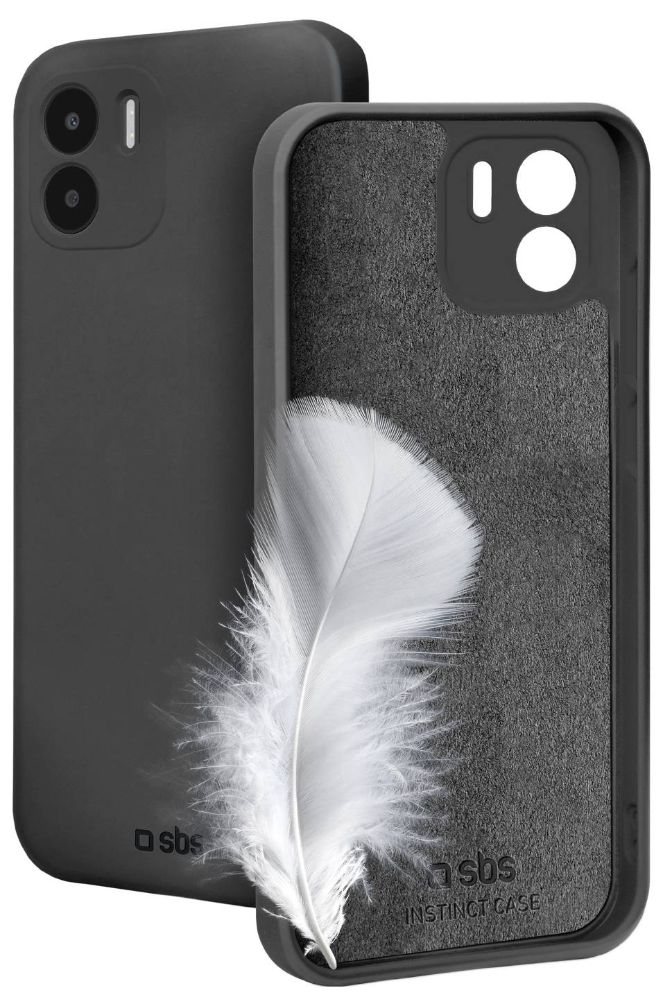 A black phone case stands upright, with a white feather leaning against it, signifying the case's lightness and protective quality.