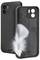 A black phone case stands upright, with a white feather leaning against it, signifying the case's lightness and protective quality.