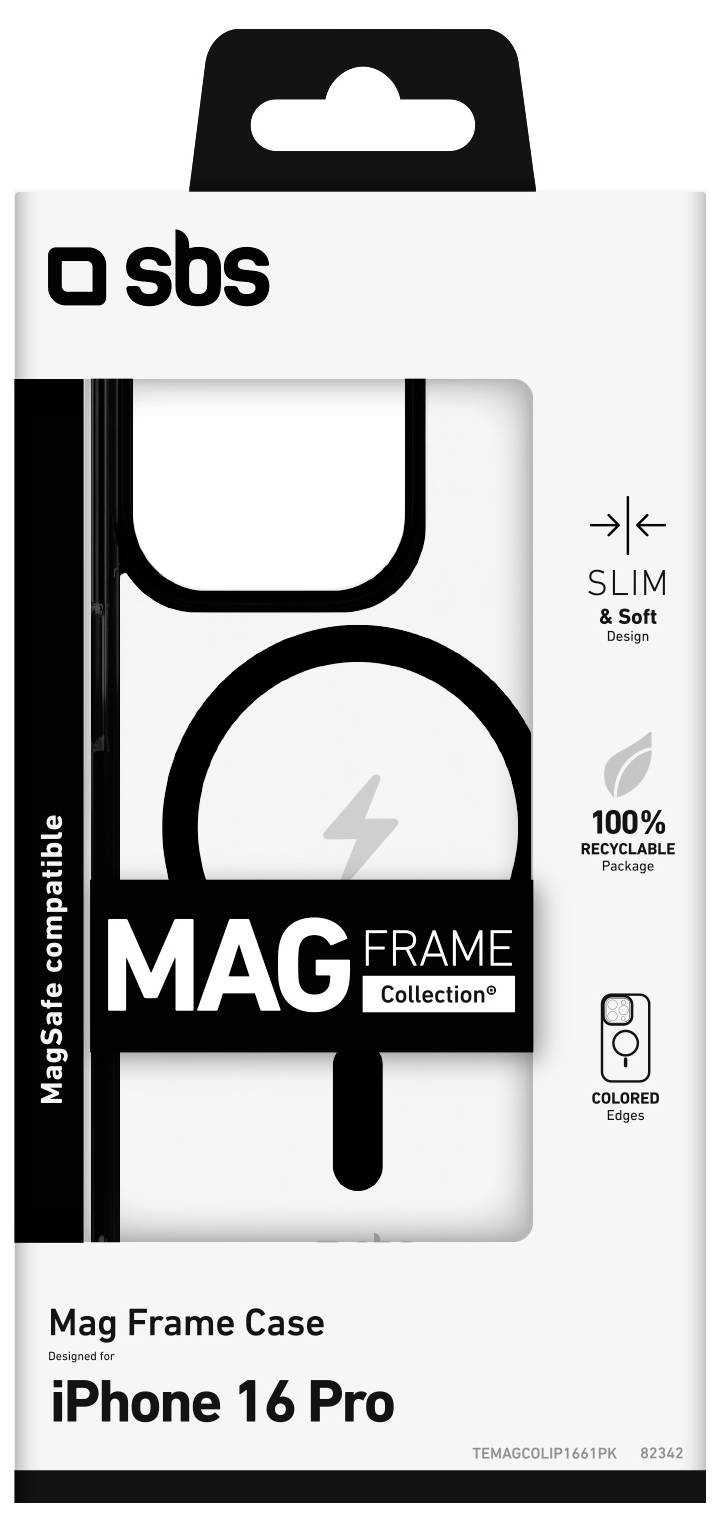 Packaging for 'Mag Frame Case' compatible with iPhone 16 Pro, featuring a slim, soft design with 100% recycled materials and colored edges.