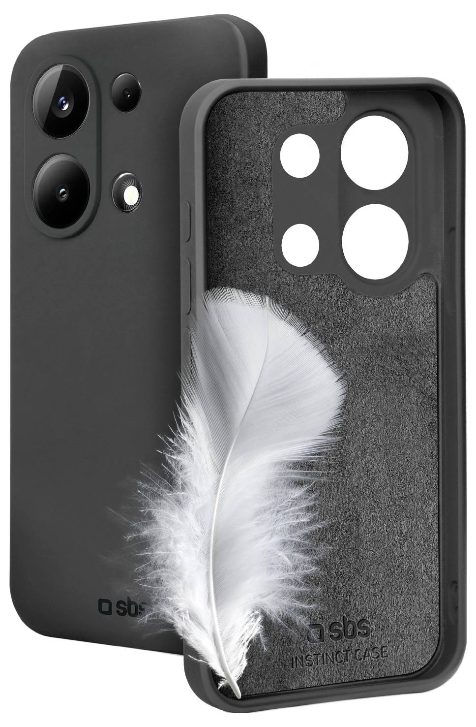 A black smartphone case with a cutout for camera lenses is partly inserted into another identical case, with a white feather placed in front.
