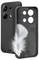 A black smartphone case with a cutout for camera lenses is partly inserted into another identical case, with a white feather placed in front.