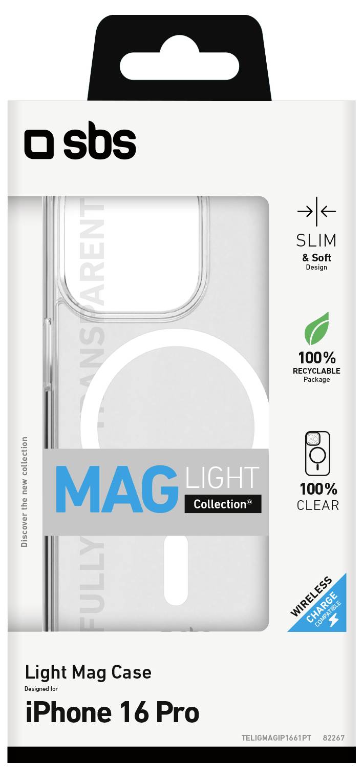 'Light Mag Case for iPhone 16 Pro' packaging showing a transparent design, slim fit, recycled material, and wireless charging compatibility.