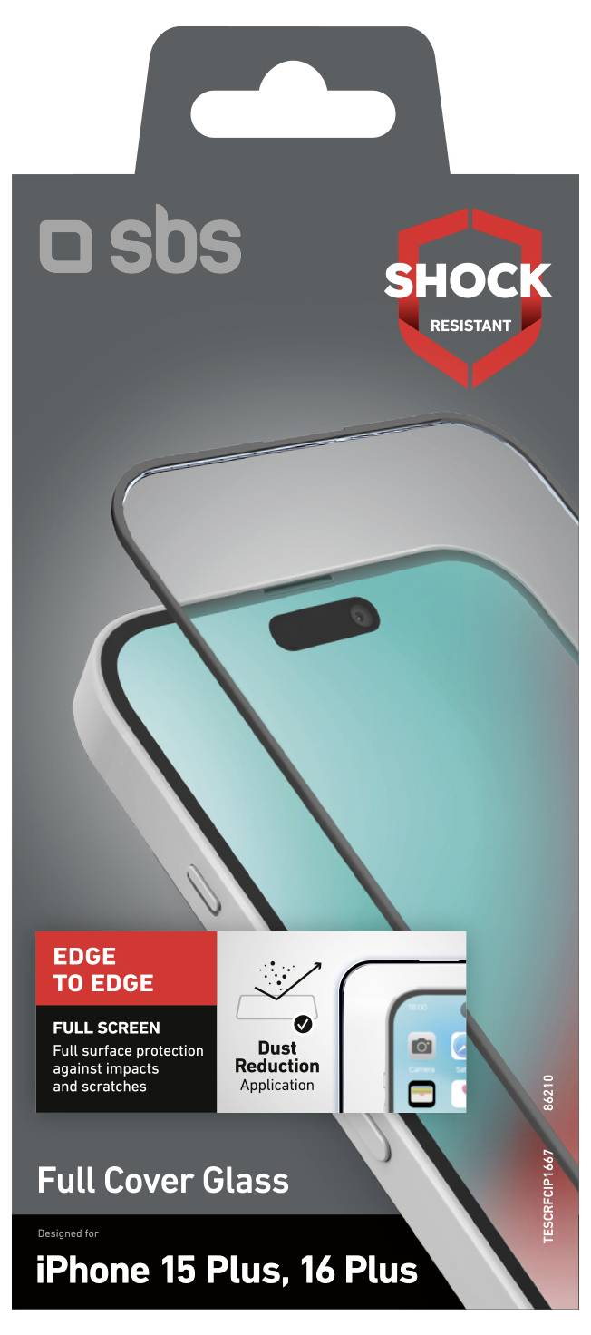 'Full Cover Glass' packaging for iPhone 15 Plus, 16 Plus, showing glass protector and phone. Highlights edge-to-edge coverage and dust reduction.