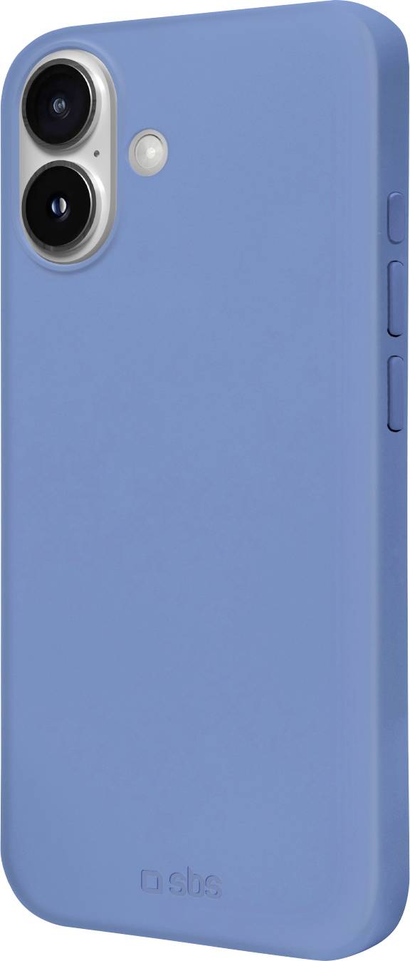 A blue smartphone with dual rear cameras and side buttons.