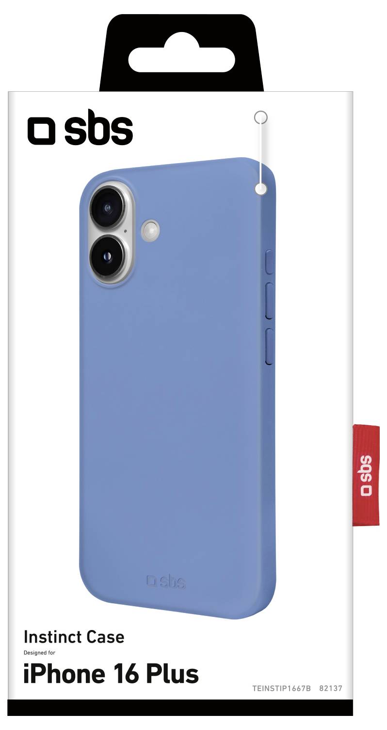 Blue phone case packaging for iPhone 16 Plus, featuring dual camera cutout and volume button detail, branded with 'sbs' logo.