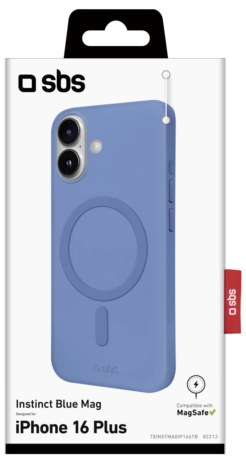 Packaging of a blue phone case for iPhone 16 Plus. Features 'Instinct Blue Mag', compatible with MagSafe. Branding by sbs.
