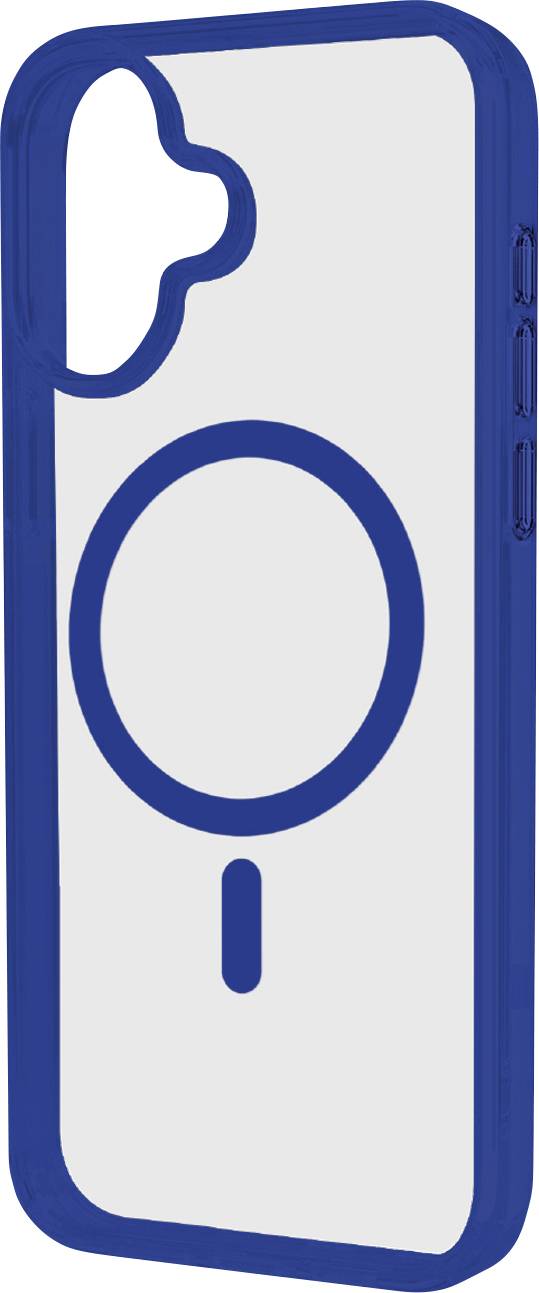 A phone case with a blue outline, featuring a large blue circular symbol with a vertical line beneath it on the back.