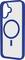 A phone case with a blue outline, featuring a large blue circular symbol with a vertical line beneath it on the back.