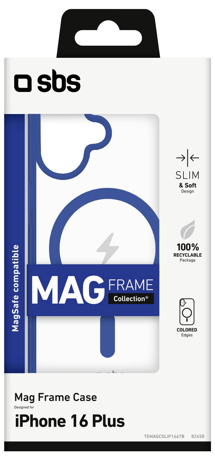 'White and blue packaging for a Mag Frame Case, compatible with iPhone 16 Plus. Features slim, soft design and 100% recyclable materials.'