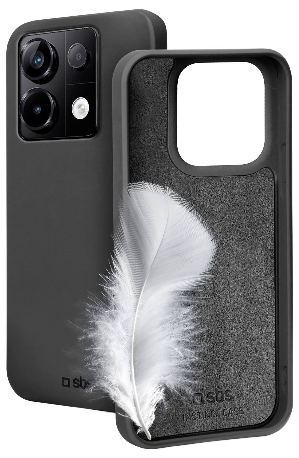 A black smartphone case with a feather inside shows the case’s smooth texture and lightweight design.