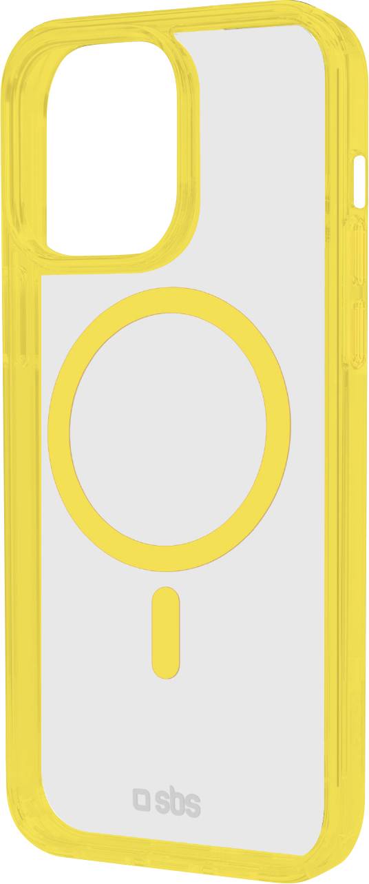 A yellow transparent phone case with a gray inner lining and circular design in the center, suitable for MagSafe compatibility.