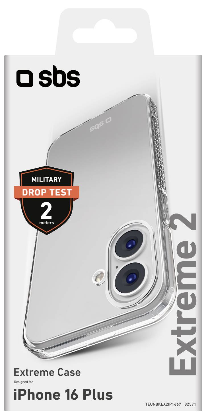 iPhone 16 Plus clear phone case packaging with 'MILITARY DROP TEST 2 meters' badge, showcasing durability and protection.